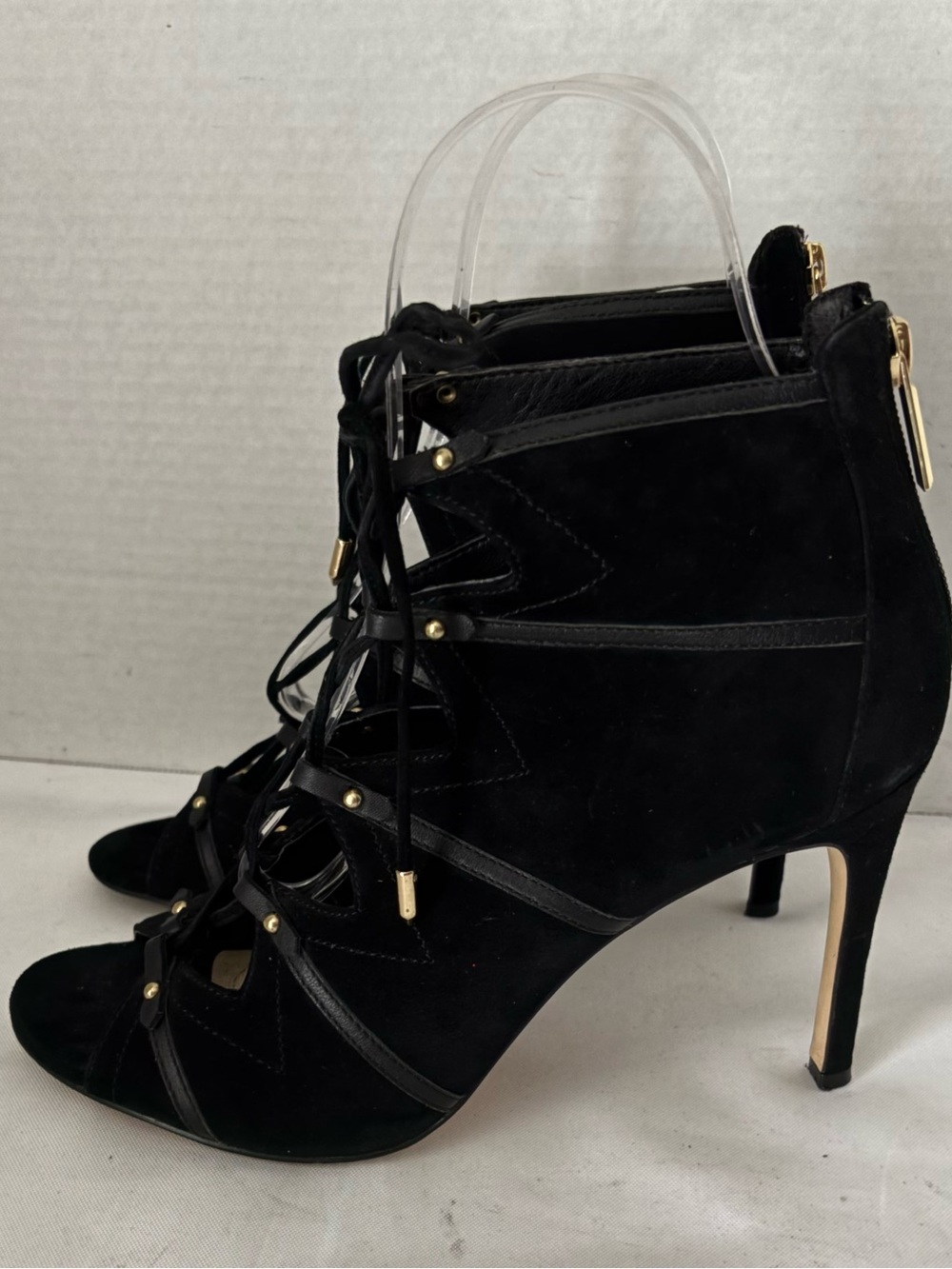 Karl Lagerfeld Paris Black Lace-Up Suede Stiletto Heel Pumps Peep Toe front SZ 9